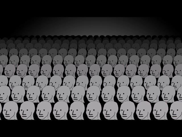 Rows of NPC figures seated in a dark theater watching the same screen